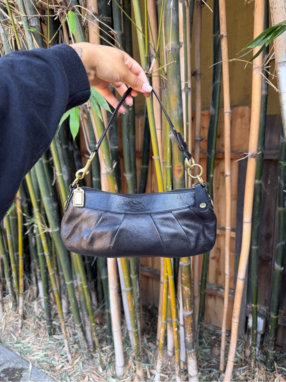Coach Black Leather Pleated Shoulder Bag with Gold Hardware